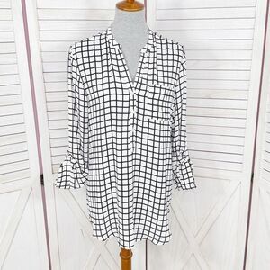 Worthington Windowpane Check Chiffon‎ V Neck Blouse White Black Medium